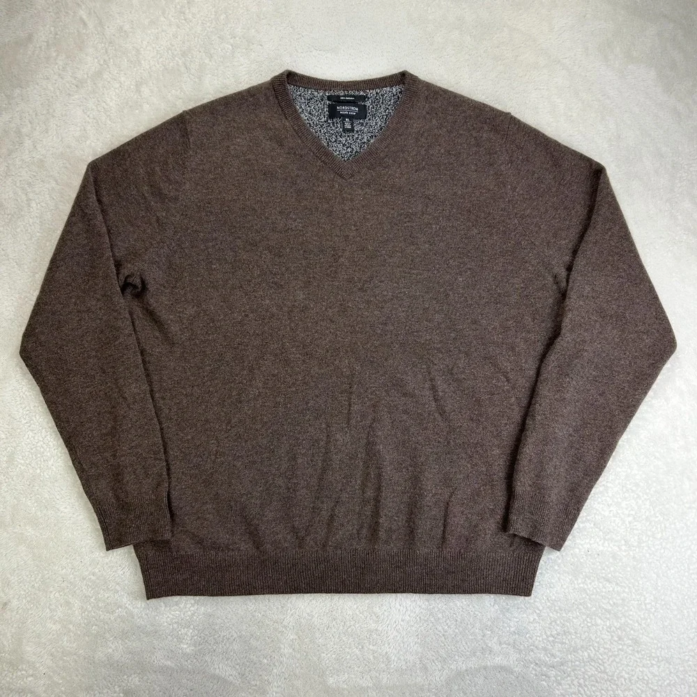 Nordstrom Sweater Mens XL Brown V-Neck Cashmere Knit Winterwear Outdoor Pullover